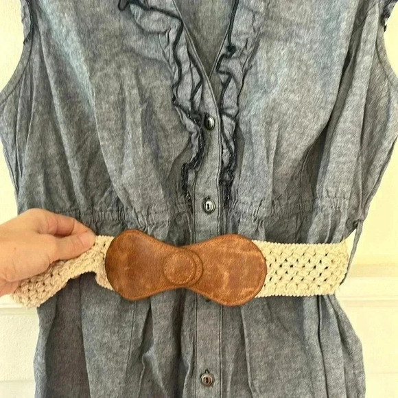 Motherhood Maternity Chambray Ruffle Dress with Tan & Brown Belt, size Medium - Picture 3 of 8